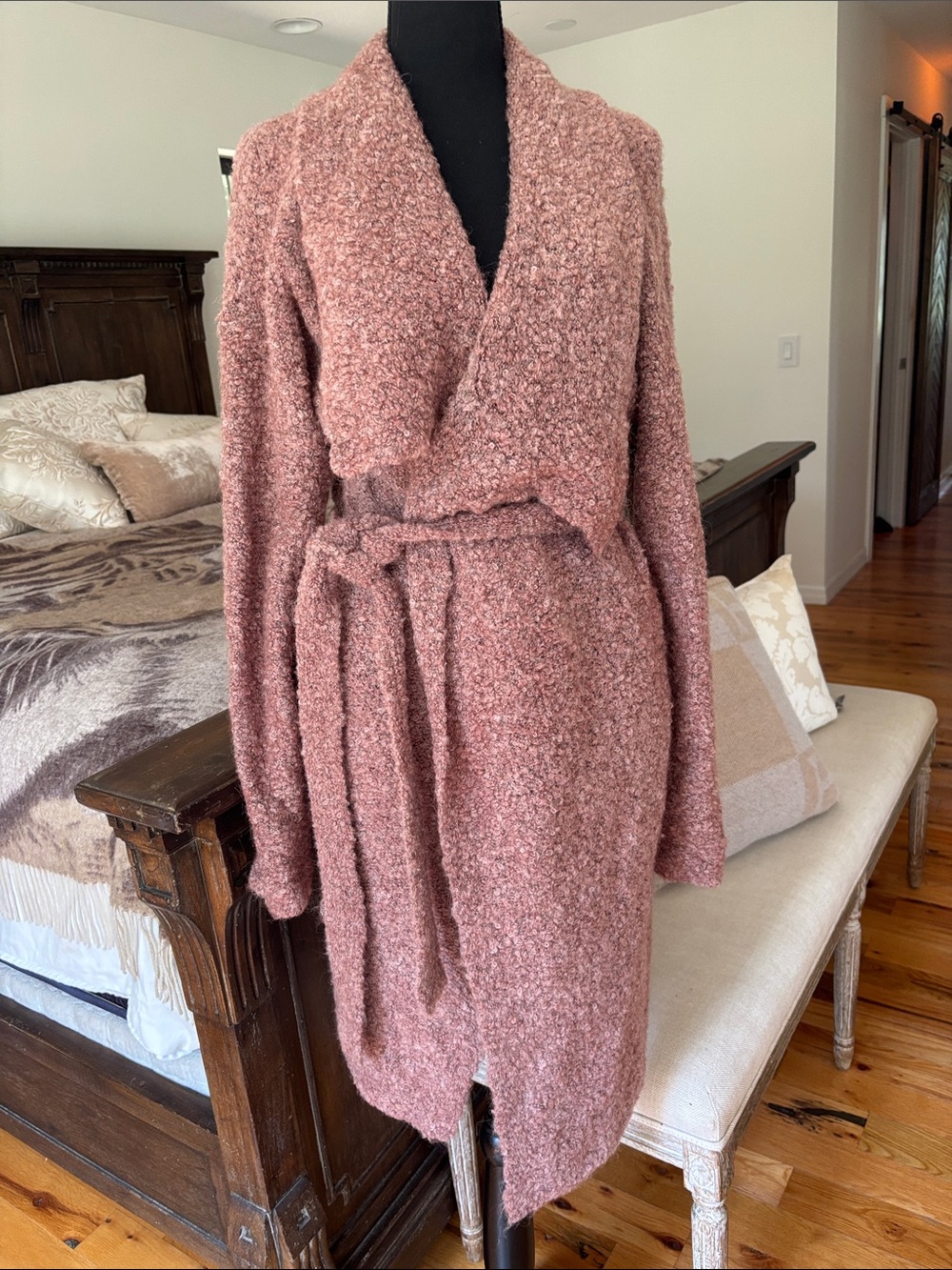 Bouclé Wrap Cardigan with Self-Tie Belt - Dusty Rose